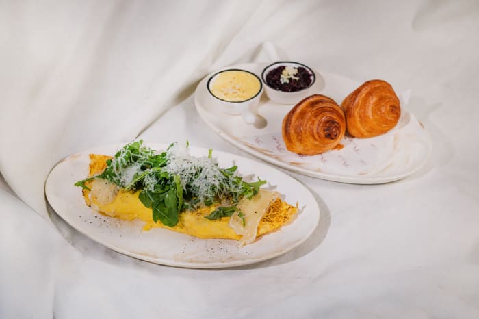 French Breakfast: Croissant, Brie-Parmesan Omelette and Stracciatella — Brie Restaurant & Cheesery, Ubud