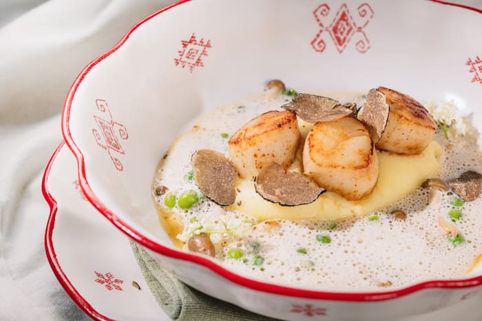 Grilled Scallops with Mashed Potatoes, Shimeji Mushrooms & Black Truffle — Brie Restaurant & Cheesery, Ubud