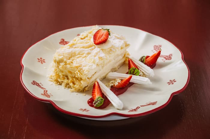 Napoleon-Layered Custard Cake with Berry Sauce — Brie Restaurant & Cheesery, Ubud